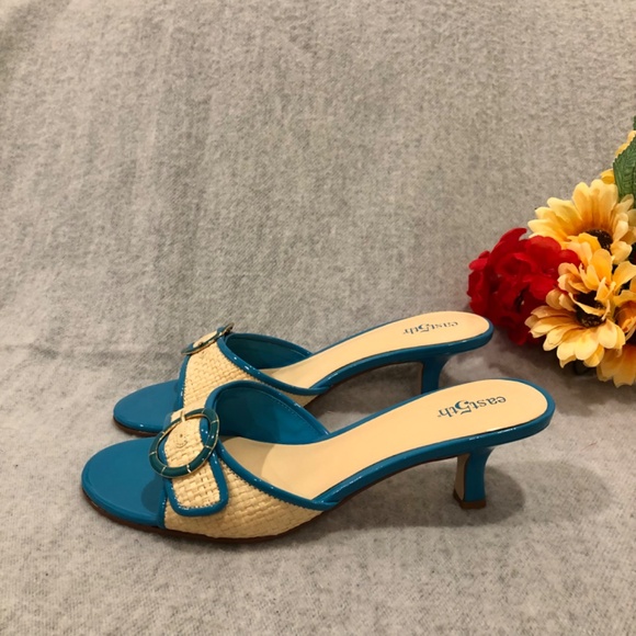 NWT - East Fifth Turquoise Patent & Cream Slip-on Sandals with Kitten Heels - Picture 3 of 16